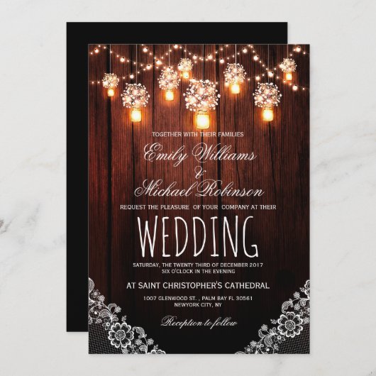 Mason Jars String Lights Elegante Rustikale Hochze Einladung (Vorne/Hinten)