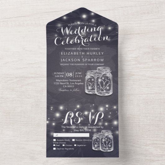 Mason Jars String Lights Navy Blumen Hochzeit All In One Einladung (Innen Boden)