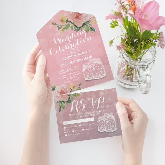 Mason Jars String Lights Rosa Blume Hochzeit RSVP All In One Einladung