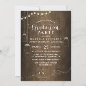 Mason Jars String Lights Rustic Wood Abschluss Einladung (Vorderseite)