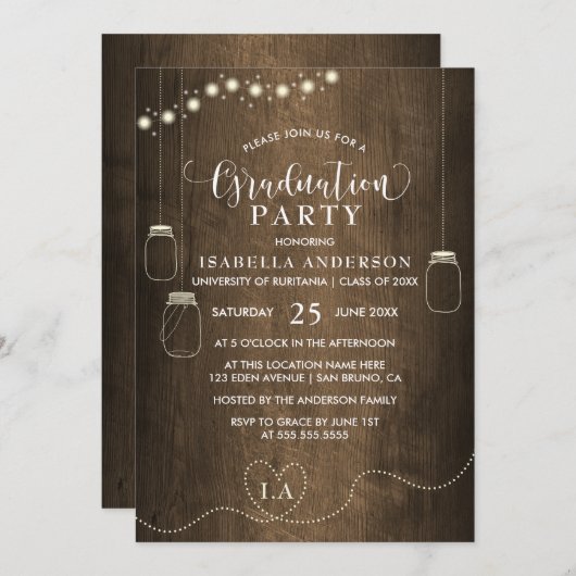 Mason Jars String Lights Rustic Wood Abschluss Einladung (Vorne/Hinten)