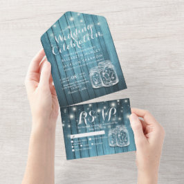 Mason Jars String Lights Rustic Wood Wedding RSVP All In One Einladung