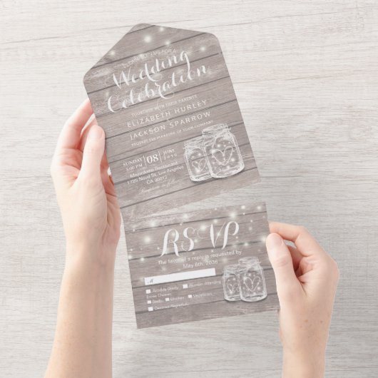 Mason Jars String Lights Rustic Wood Wedding RSVP All In One Einladung (Abreißen)
