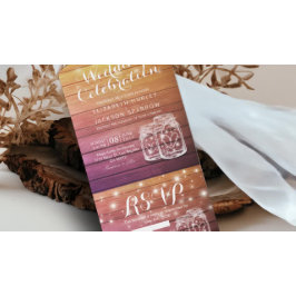 Mason Jars String Lights Rustic Wood Wedding RSVP All In One Einladung