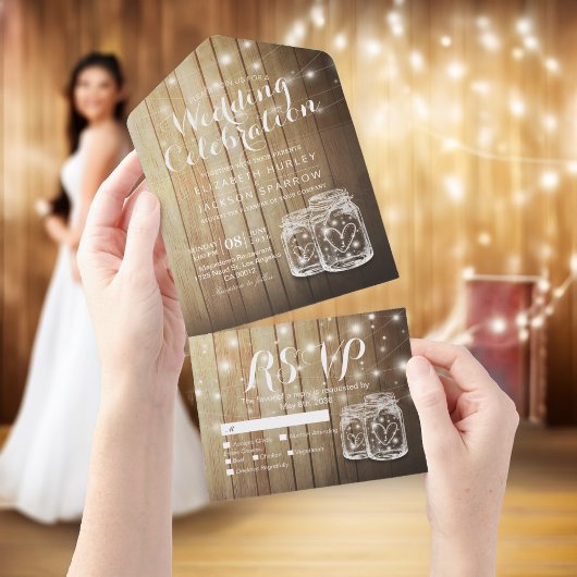 Mason Jars String Lights Rustic Wood Wedding RSVP All In One Einladung