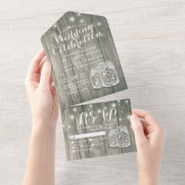 Mason Jars String Lights Rustic Wood Wedding RSVP All In One Einladung