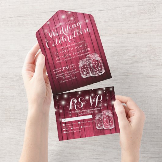 Mason Jars String Lights Rustic Wood Wedding RSVP All In One Einladung (Abreißen)