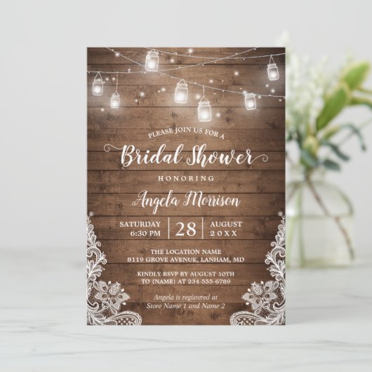 Mason Jars String Lights Rustikales Brautparty Einladung (Stehend Vorderseite)