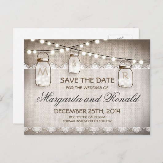 Mason Jars und Burlap Lace Save the Date Ankündigungspostkarte (Vorne/Hinten)