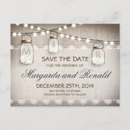 Mason Jars und Burlap Lace Save the Date Ankündigungspostkarte