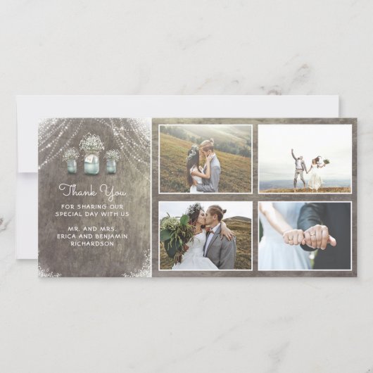 Mason Jars und Gipskraut Rustikale Hochzeit Dankeskarte (Vorderseite)