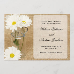 Mason-Krug-Hessian-Weiße Gänseblümchen Save-the-Da Save The Date