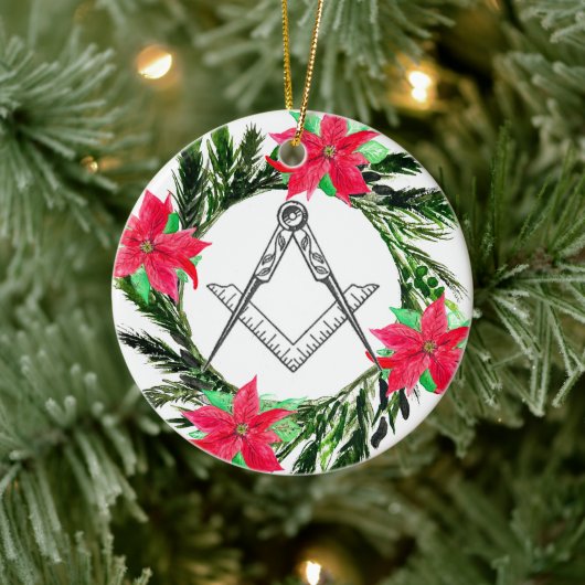 Masonic Freemason Masonry Wreath Poinsettia Keramik Ornament (Baum)