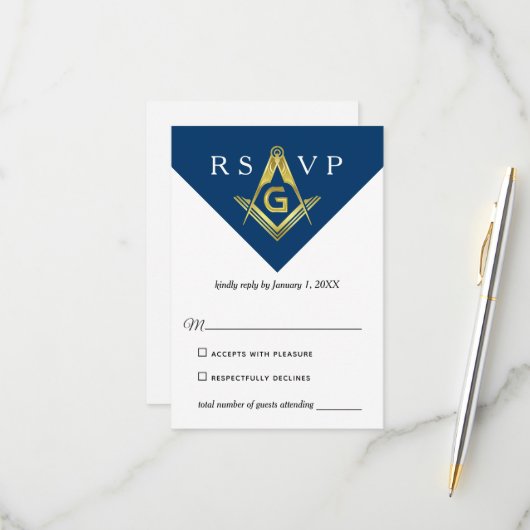Masonic Navy Blue und Gold Elegante Freemason RSVP Karte (Vorderseite/Rückseite Beispiel)