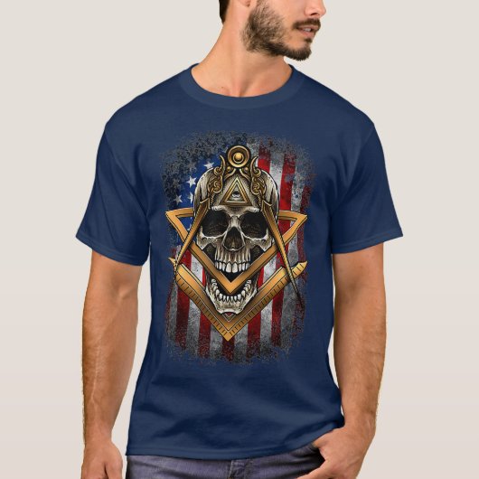 Masonic USA American Flag Skull Square Compass T-Shirt (Vorderseite)