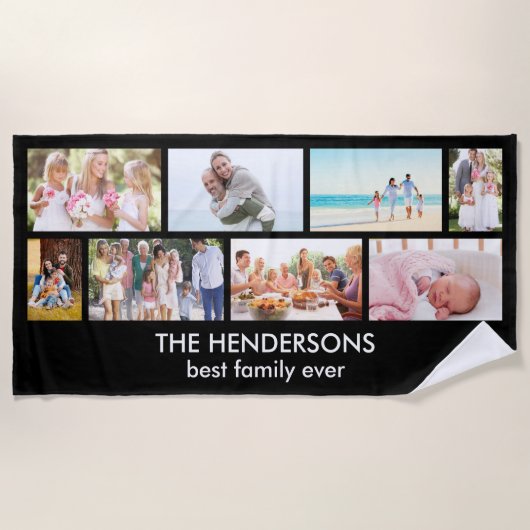 Masonry Grid 8 Foto Collage Familie Schwarz Strandtuch (Vorderseite)