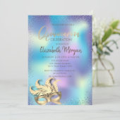 Masque, Confetti Dots Holographic Quinceañera Einladung (Stehend Vorderseite)
