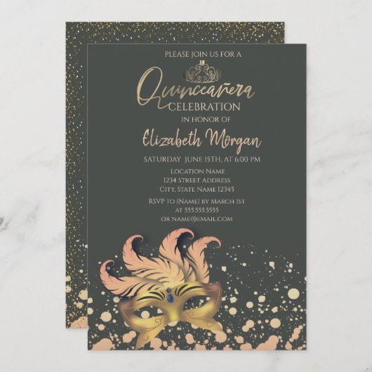 Masque, Confetti Dots Masquerade Quinceañera Einladung (Vorne/Hinten)