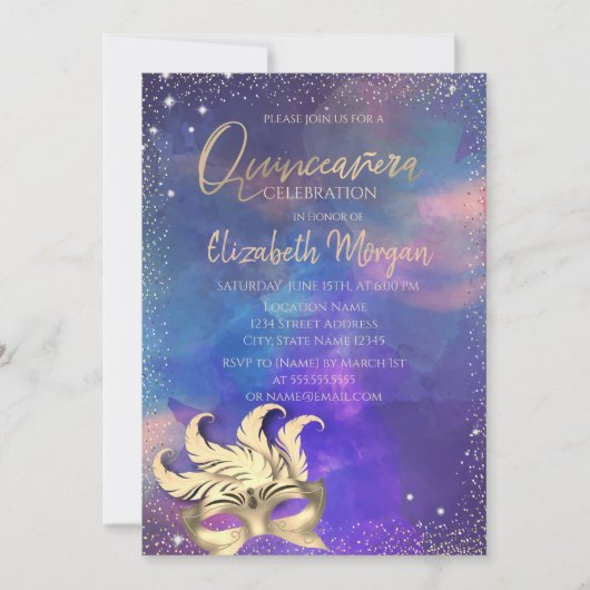 Masque, Confetti Dots Splash Quinceañera Einladung (Vorderseite)
