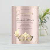 Masque, Confetti Rose Gold Quinceñera Einladung (Stehend Vorderseite)