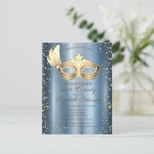 Masque Diamonds Blue Metallalic Sweet 16 Einladungspostkarte (Stehend Vorderseite)