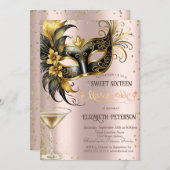 Masque Diamonds Champagne Rose Gold Sweet 16 Einladung (Vorne/Hinten)