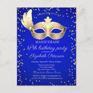 Masque Diamonds Royal Blue 18. Geburtstag Einladungspostkarte