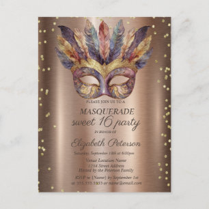 Masque Federn Gold Diamanten Kupfer Sweet 16 Einladungspostkarte
