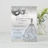 Masque Glitter Dress Drips Silver Quinceanera Einladung (Stehend Vorderseite)
