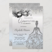 Masque Glitter Dress Drips Silver Quinceanera Einladung (Vorne/Hinten)