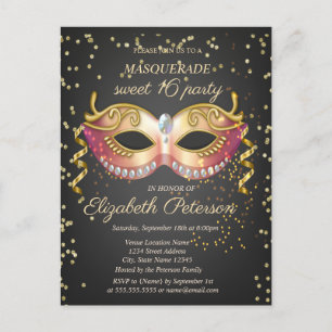 Masque, Gold Diamanten Masquerade Sweet 16 Einladungspostkarte