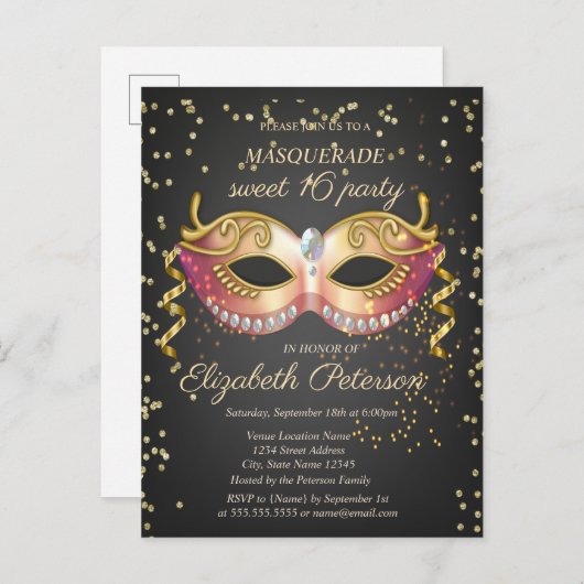 Masque, Gold Diamanten Masquerade Sweet 16 Einladungspostkarte (Vorne/Hinten)