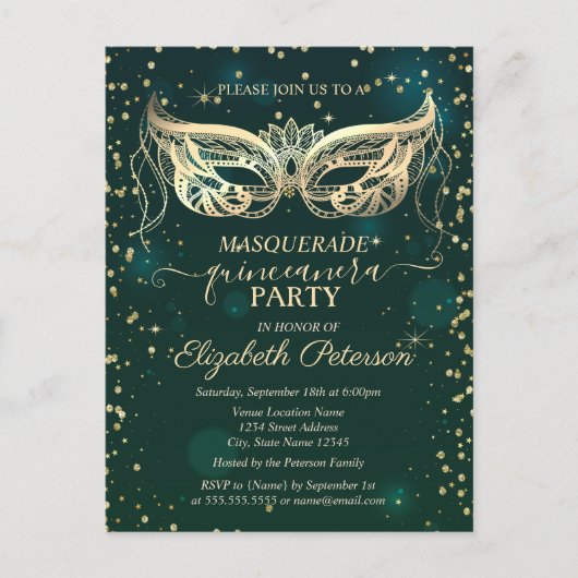 Masque Gold Diamonds Green Quinceañera Einladungspostkarte (Vorderseite)