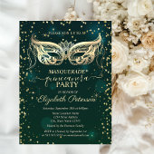 Masque Gold Diamonds Green Quinceañera Einladungspostkarte