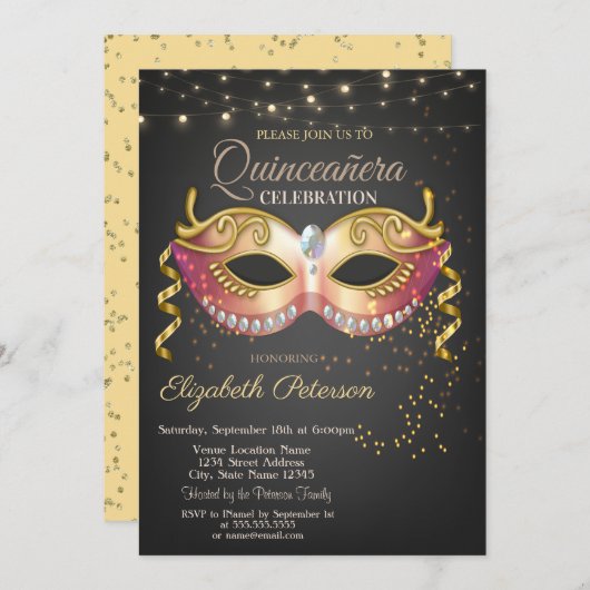 Masque, Licht, Diamanten Masquerad Quinceañera Einladung (Vorne/Hinten)