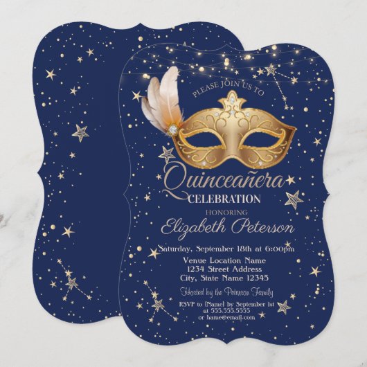 Masque Navy Blue Stars Quinceañera Einladung (Vorne/Hinten)