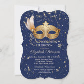 Masque Navy Blue Stars Quinceañera Einladung (Vorderseite)
