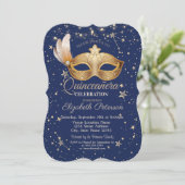 Masque Navy Blue Stars Quinceañera Einladung (Stehend Vorderseite)