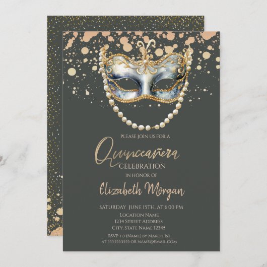Masque Perlen, Confetti Masquerade Quinceañera Einladung (Vorne/Hinten)