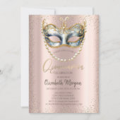 Masque, Perlen Confetti Rose Gold Quinceñera Einladung (Vorderseite)
