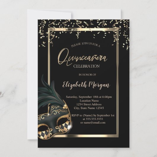 Masque, Rahmen, Confetti Masquerade Quinceañera Einladung (Vorderseite)