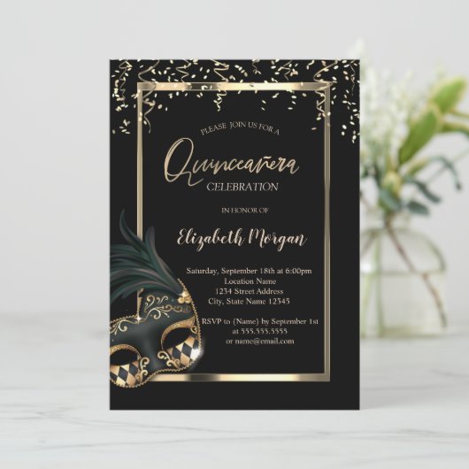 Masque, Rahmen, Confetti Masquerade Quinceañera Einladung (Stehend Vorderseite)