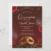 Masque Rose Perlen Burgund Quinceanera Einladung (Vorderseite)
