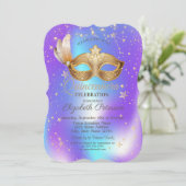 Masque Stars Holographic Quinceañera Einladung (Stehend Vorderseite)