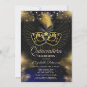 Masque, String Lights, Stars Blue Quinceañera Einladung (Vorderseite)