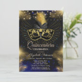 Masque, String Lights, Stars Blue Quinceañera Einladung (Stehend Vorderseite)