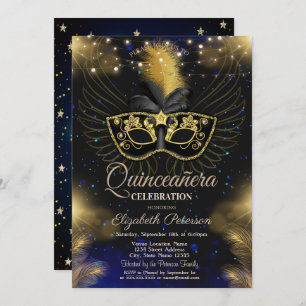 Masque, String Lights, Stars Blue Quinceañera Einladung