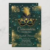 Masque, String Lights, Stars Green Quinceñera Einladung (Vorne/Hinten)