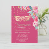Masquer, Diamonds Spring Flowers Quinceañera Einladung (Stehend Vorderseite)