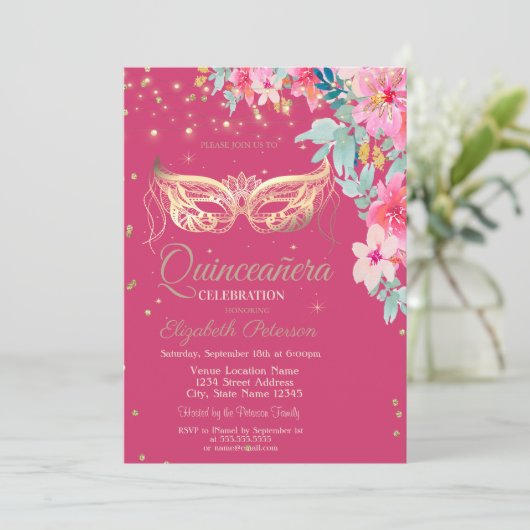 Masquer, Diamonds Spring Flowers Quinceañera Einladung (Stehend Vorderseite)